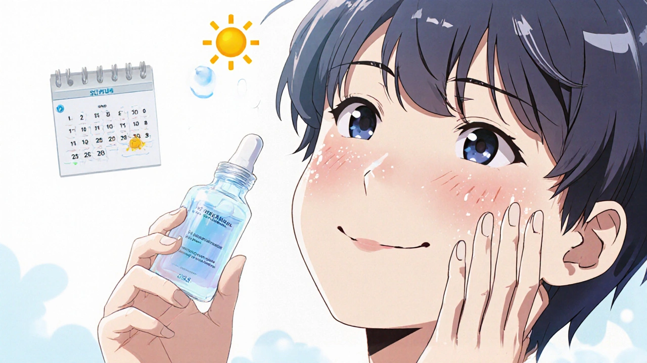 Adolescent au teint éclatant applique du sérum hydratant, avec un soleil SPF et un calendrier d&#039;actions.