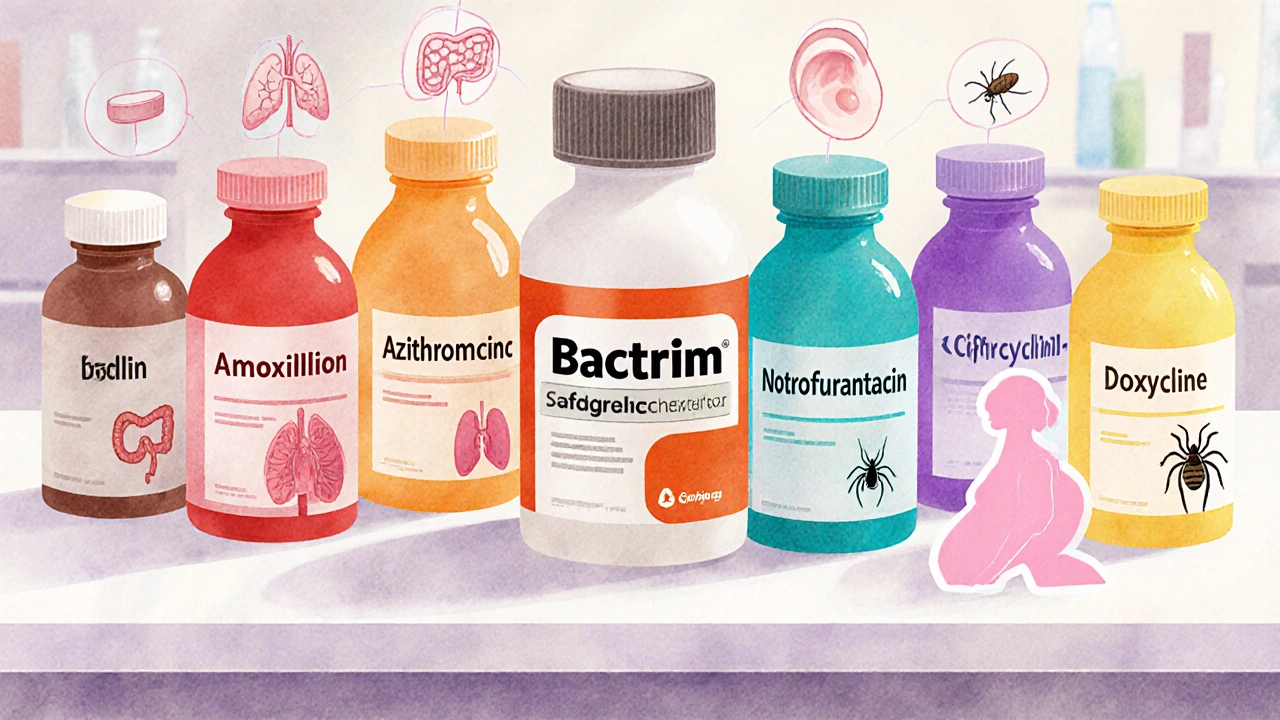 Banc de laboratoire avec bouteilles d&#039;antibiotiques et icônes d&#039;infections, silhouette de femme enceinte.