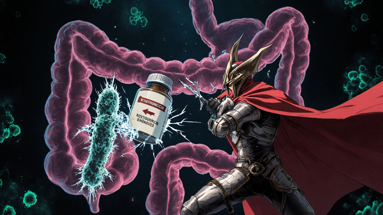 Bataille symbolique dans l&#039;intestin entre un guerrier antibiotique et des bactéries résistantes en style anime.