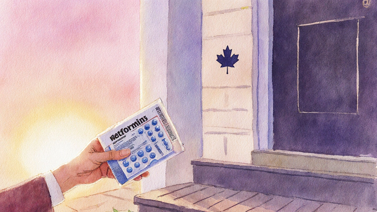 Boîte de Metformin livrée à une porte canadienne au lever du soleil.