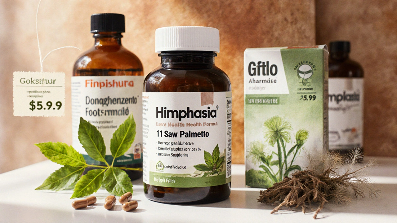 Bouteilles de compléments prostatiques sur un comptoir de pharmacie avec des herbes fraîches.