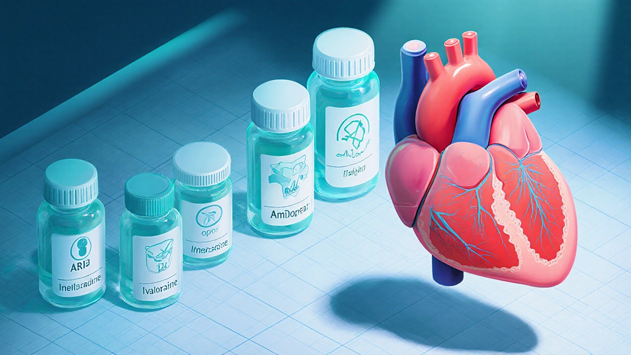 Bouteilles de médicaments cardiaques alignées sur un bureau, avec un cœur stylisé.