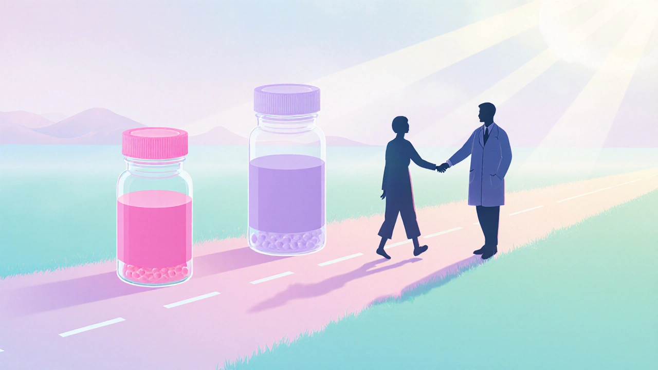 Chemin pastel où des flacons de médicaments s’estompent, illustrant la transition entre sertraline et une autre thérapie.