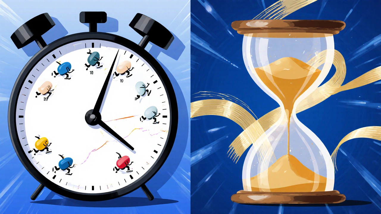 Chronomètre et sablier illustrant temps d’action des différents médicaments.