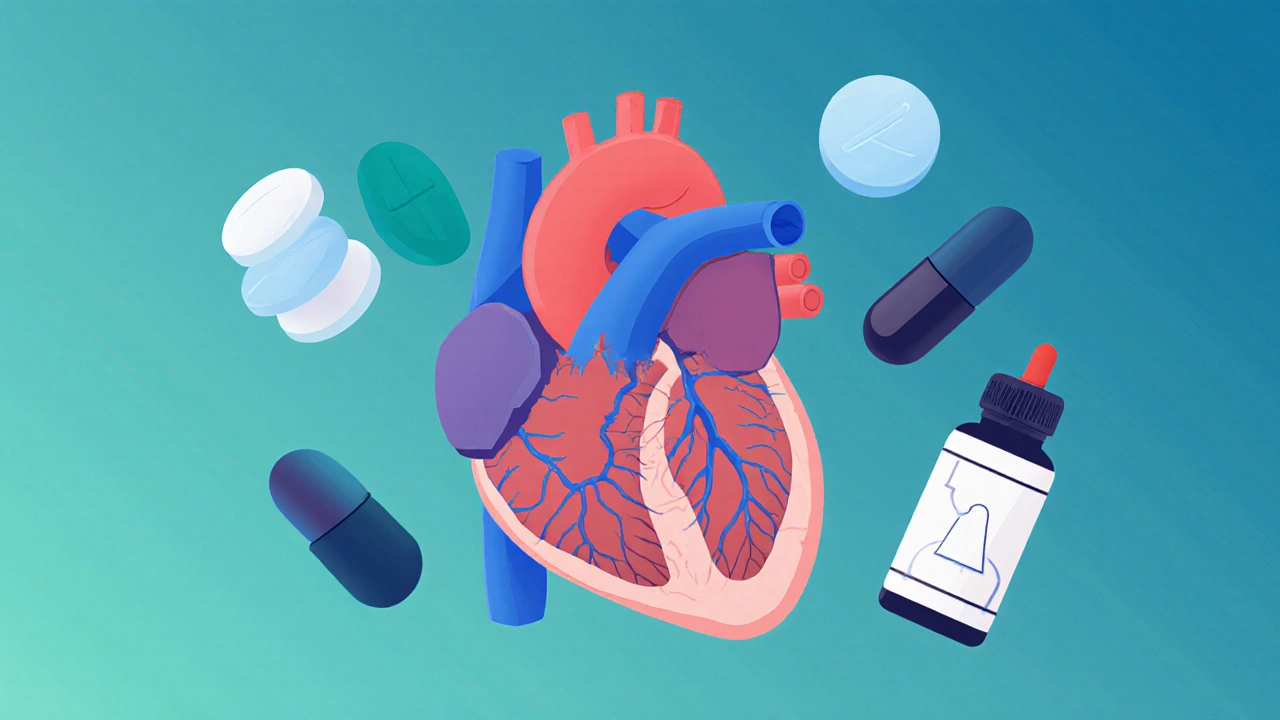 Cœur humain entouré d’icônes de médicaments cardiaques : bêta‑bloquant, bloqueur calcique, etc.