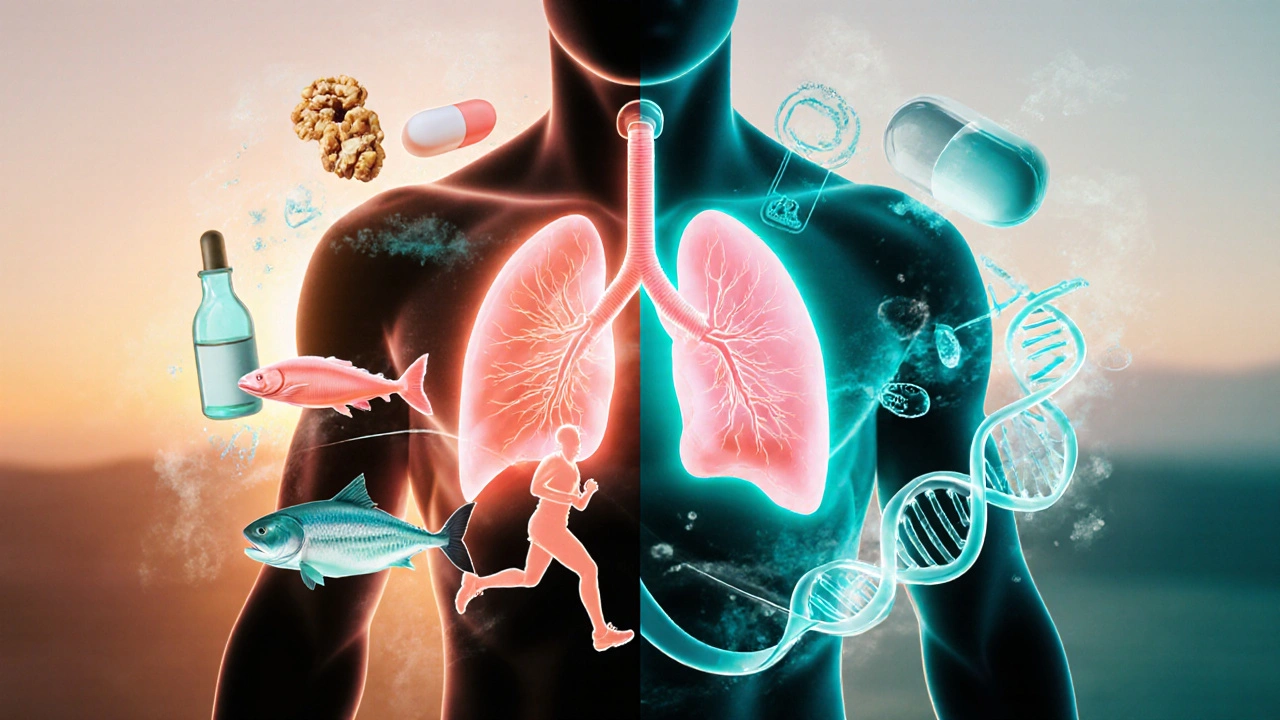 Collage montrant exercices, alimentation riche en oméga‑3 et médicaments combinés contre HAP et diabète.