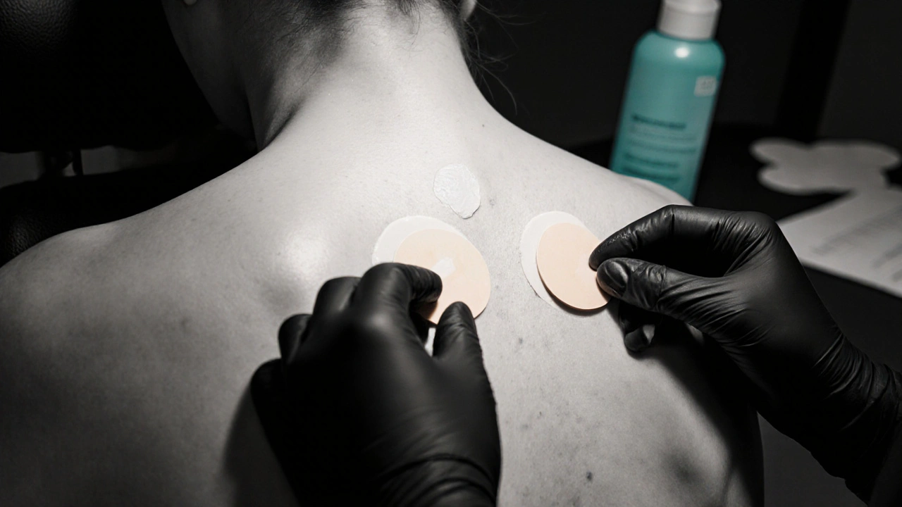 Dermatologue appliquant des patch tests sur le dos du patient.