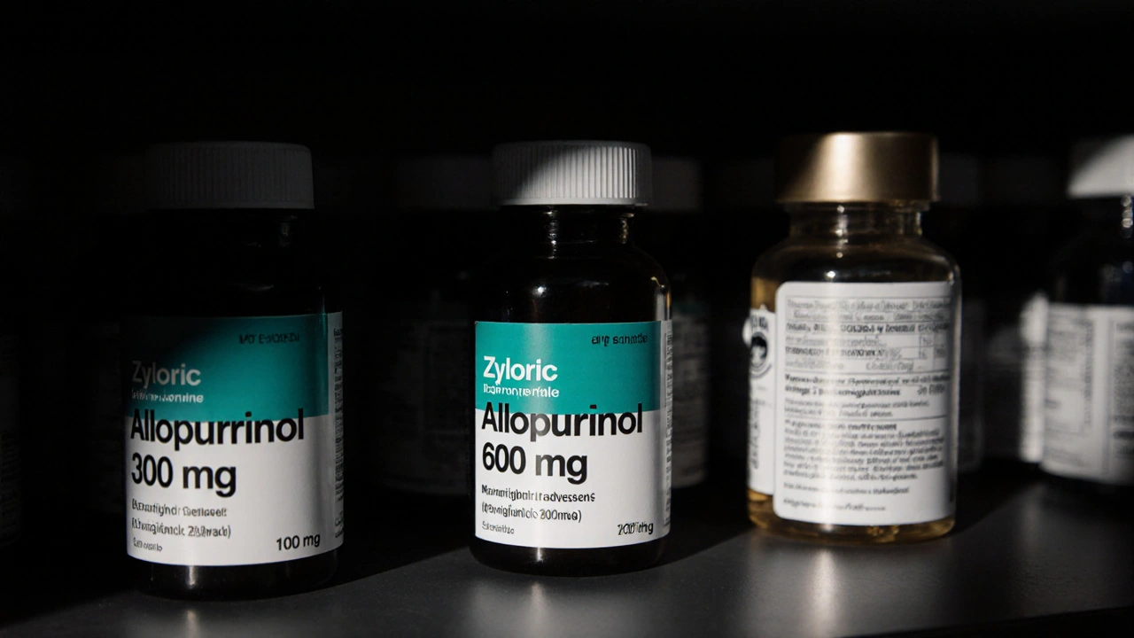 Étagère de pharmacie avec différents flacons d&#039;Allopurinol générique et Zyloric.
