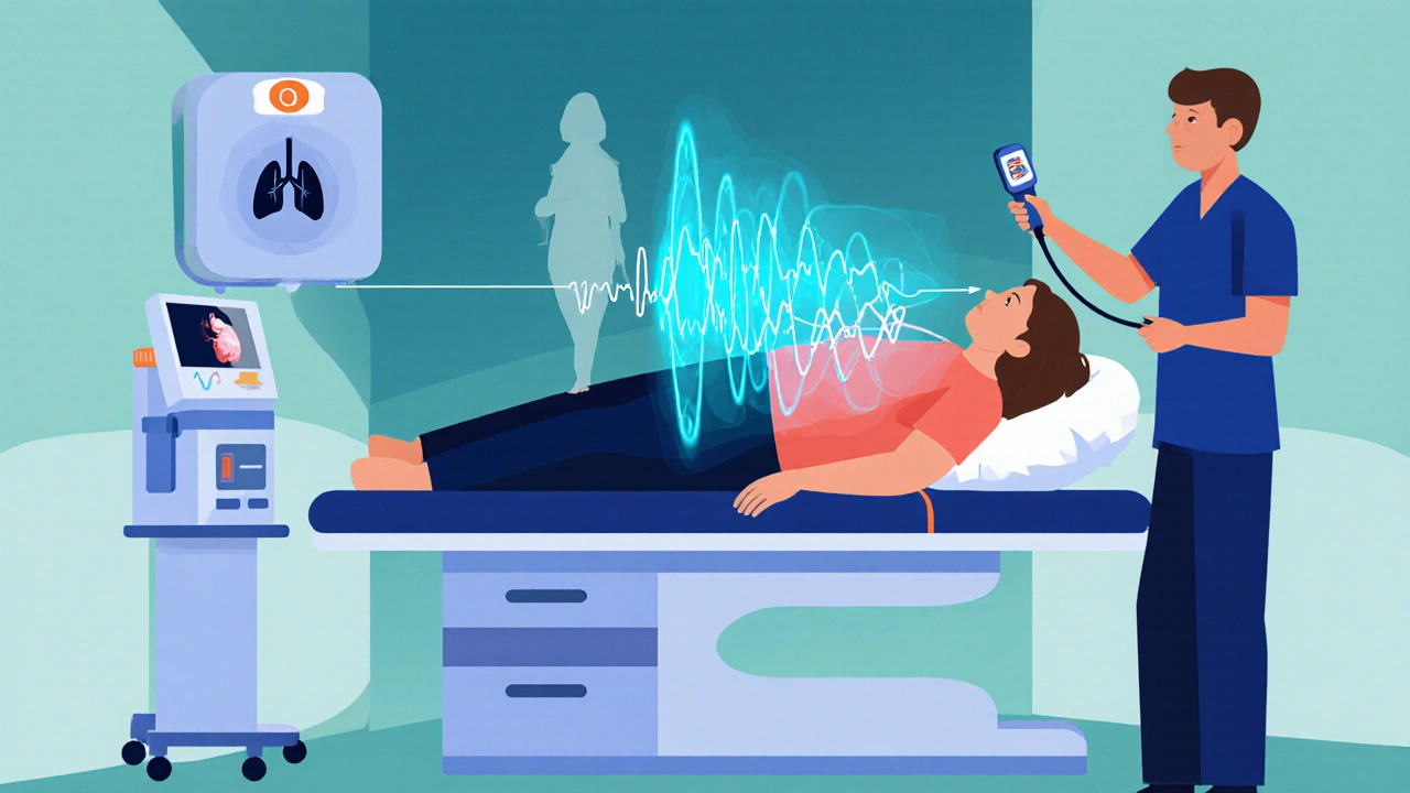 Examinateur utilisant un Doppler échocardiographique sur patiente obèse avec éléments de sommeil et poids.