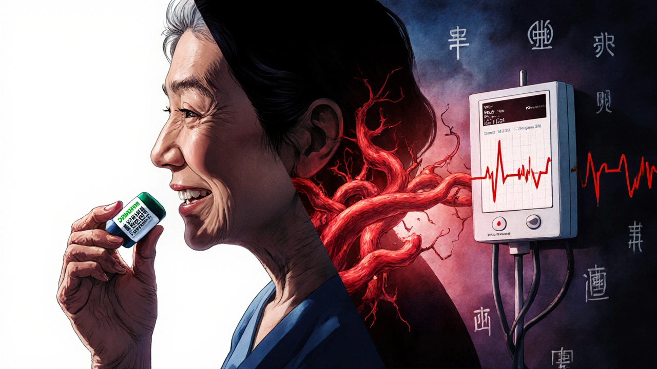 Femme âgée avalant un complément de Danshen, son ombre se transformant en liane sanglante détruisant son cœur.