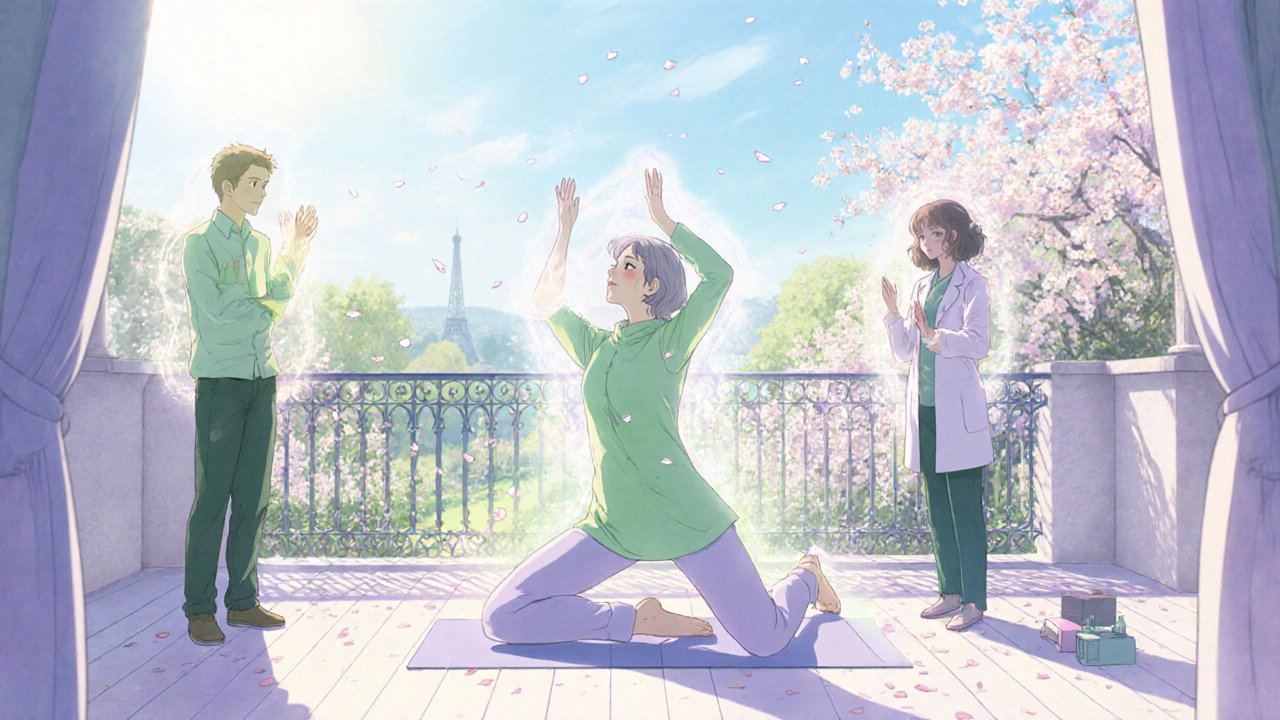 Groupe faisant du yoga sur un balcon, pétales de cerisier, ambiance sereine et motivante.