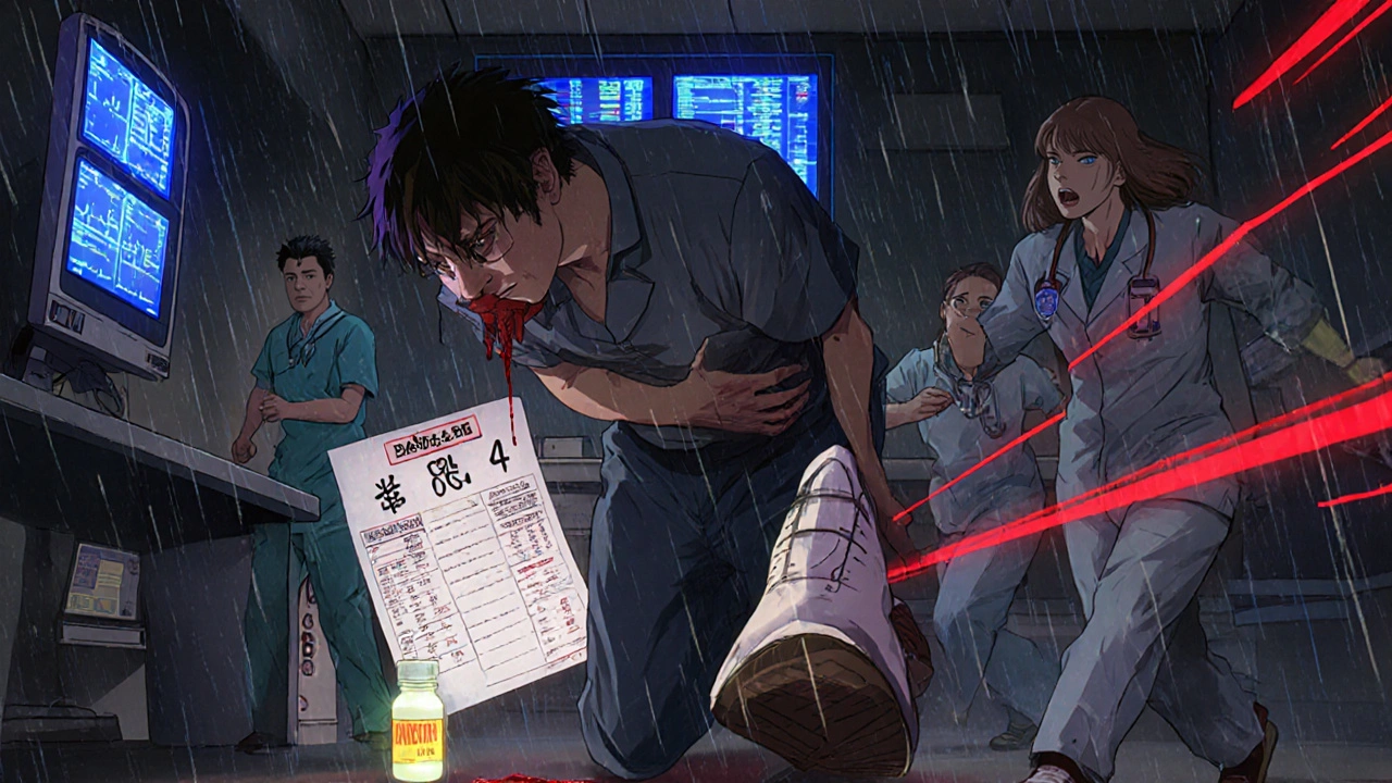 Homme en urgence médicale, saignant, avec une bouteille de Danshen à ses pieds et un INR de 8,4 sur un écran d&#039;hôpital.