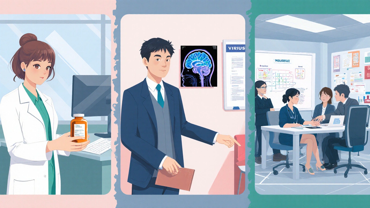 Illustration du parcours de soins : médecin généraliste, neurologue, centre de la douleur, dossiers d’assurance.