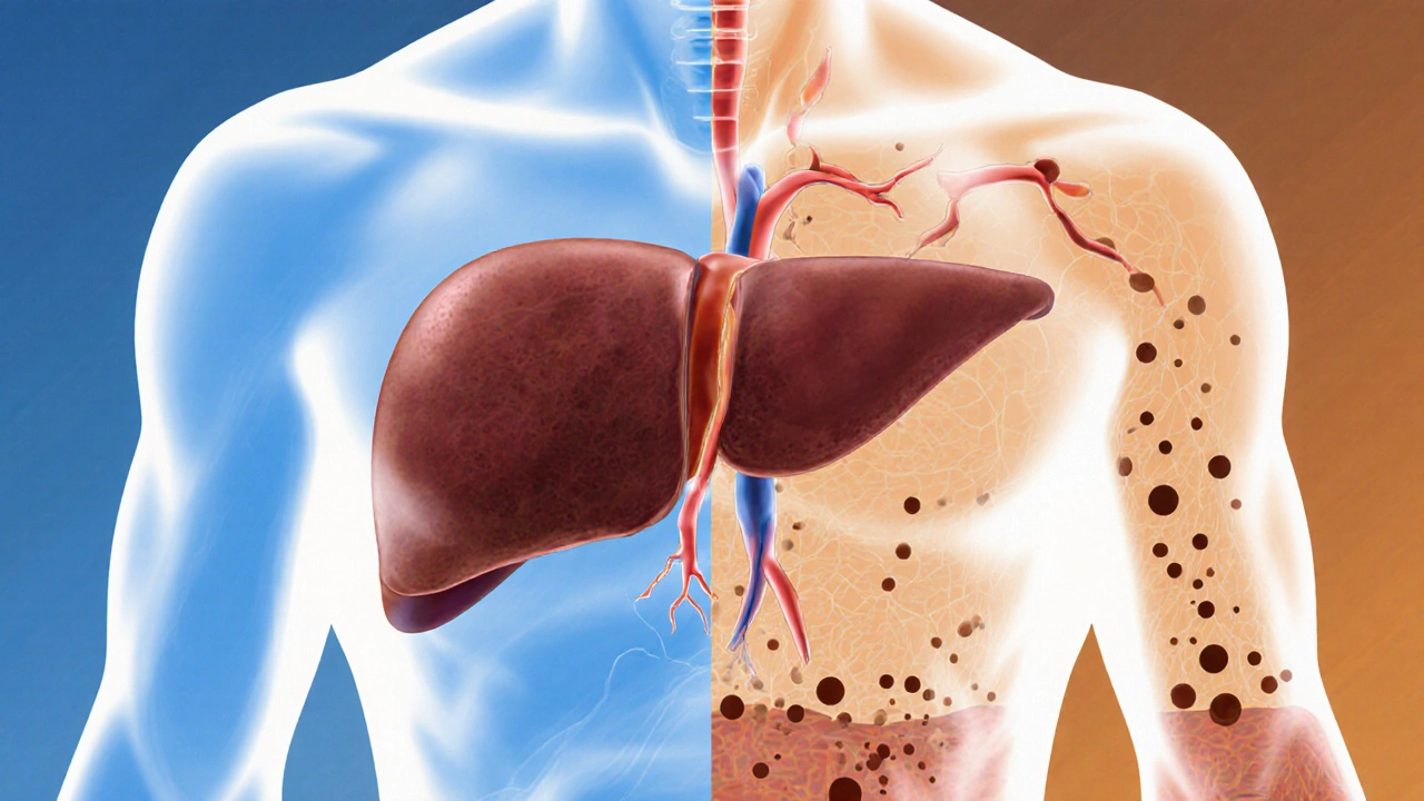 Illustration médicale du foie relié à des taches pigmentées sur la peau.