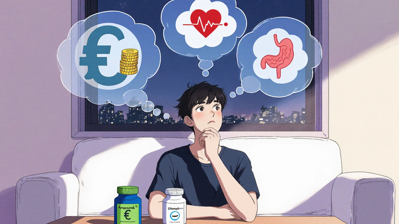 Jeune adulte réfléchissant aux options, entouré d’icônes de coût, cœur et estomac.