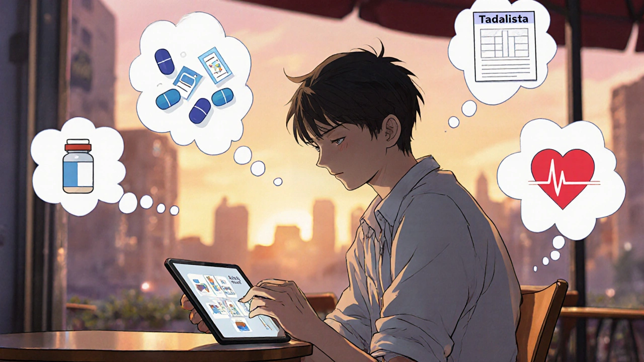 Jeune homme au café, entouré de bulles de pensée montrant différents scénarios de prise.