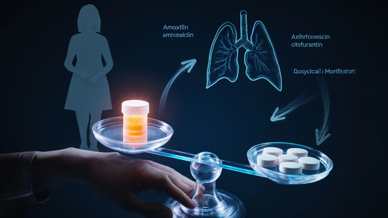 Main de médecin tenant une balance avec Bactrim d&#039;un côté et autres antibiotiques de l&#039;autre, silhouettes d&#039;organe.