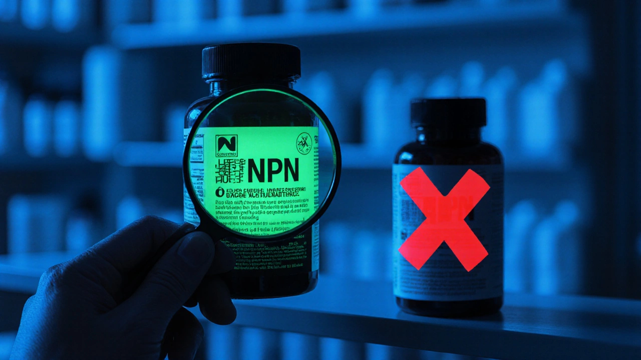 Main de pharmacien vérifiant une étiquette de complément avec une loupe, contre un faux.