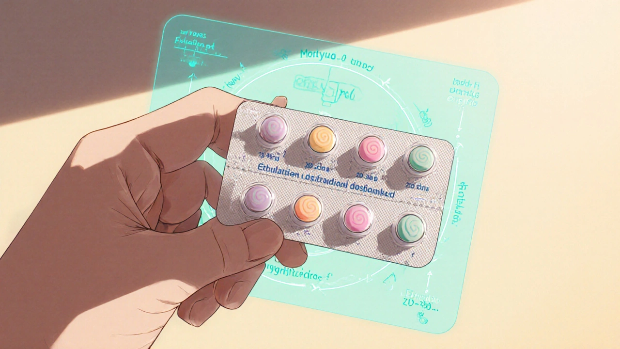 Mains tenant une plaquette de pilules contraceptives contenant de l’éthinylestradiol BP.