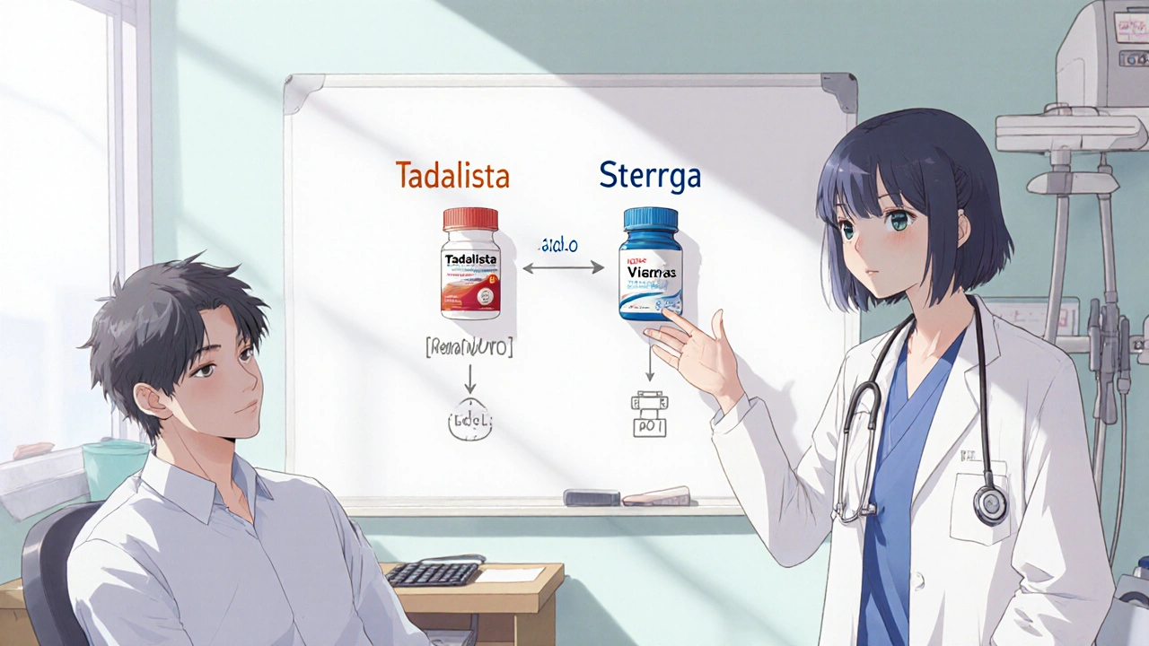 Médecin et patient dans un cabinet, discutant de trois traitements avec schémas visuels.