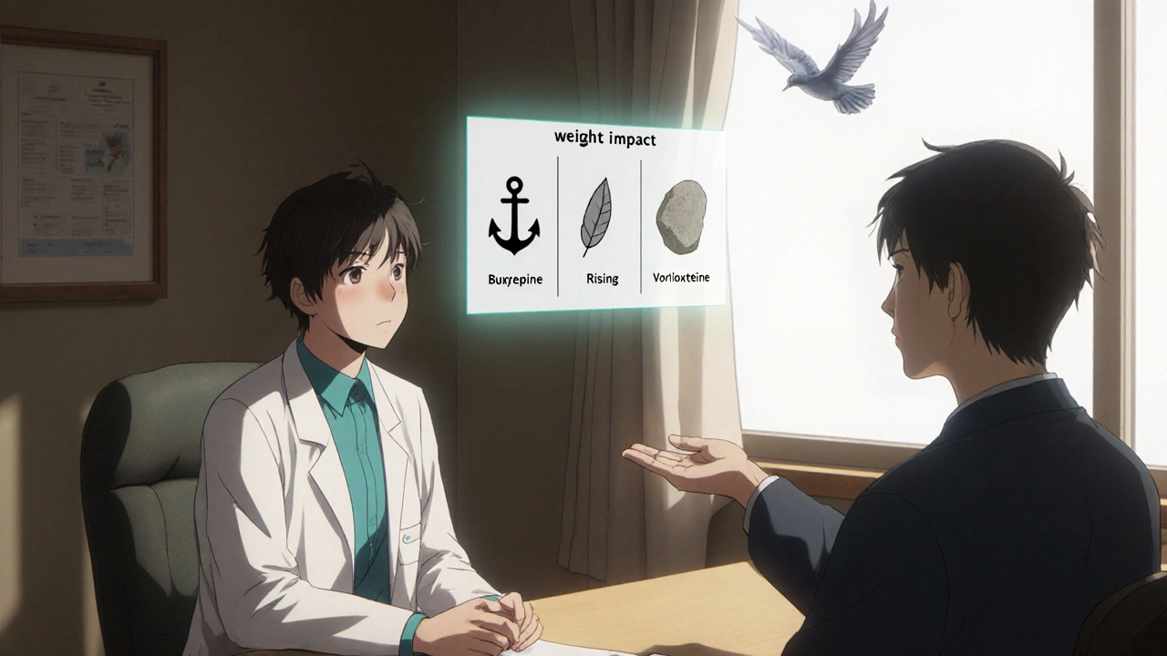 Médecin et patient en consultation, un tableau flottant compare les antidépresseurs selon leur impact sur le poids.