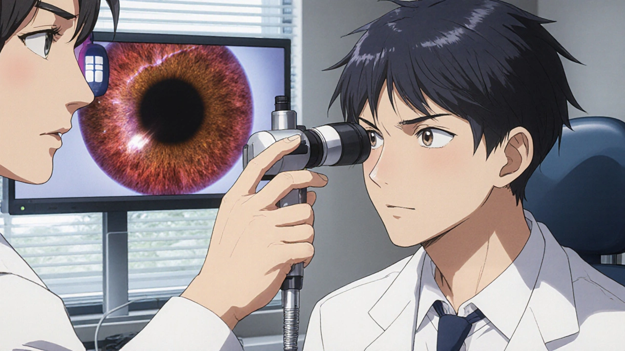 Ophtalmologiste manga examine le fond d’œil d’un patient montrant des dépôts pigmentaires.