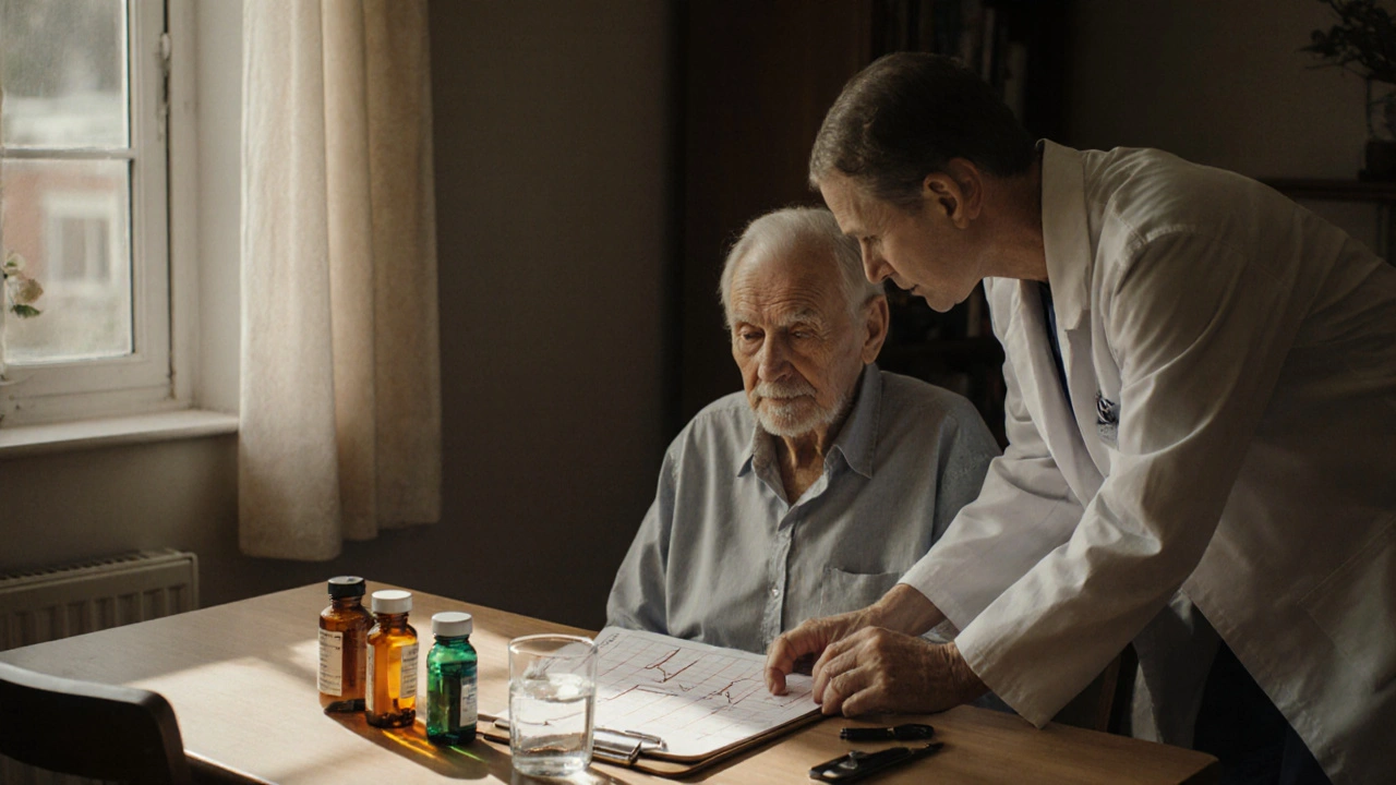 Patient âgé avec bouteilles de médicaments et médecin examinant un ECG à la maison.