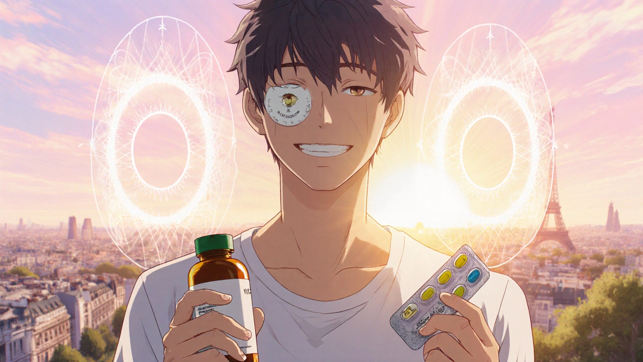 Patient anime recevant des suppléments de vitamine A, visage détendu, vision améliorée.