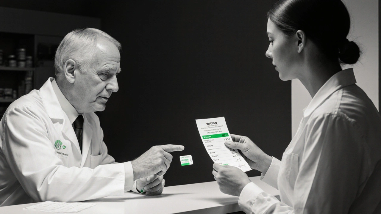 Patient et pharmacien discutent, carte de remise verte sur le comptoir.