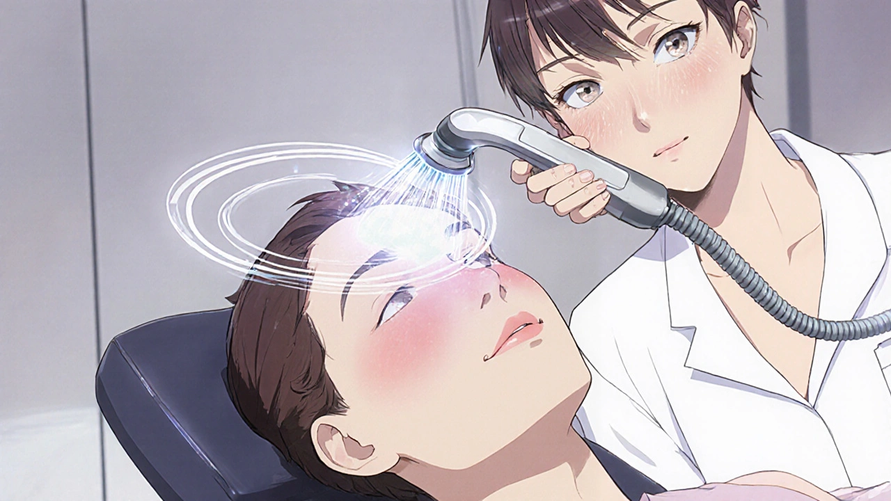 Patiente assise en fauteuil, le praticien effectue la microdermabrasion, la peau rosée de légères vibrations.