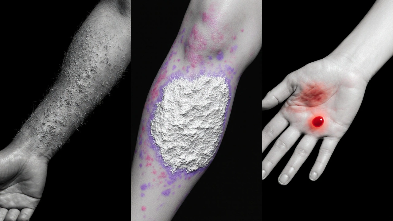 Peau présentant eczéma, psoriasis et urticaire en contrastes monochromes.