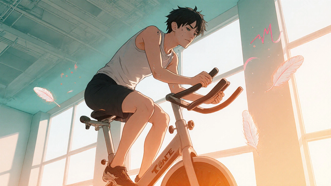 Personne faisant du vélo d&#039;appartement, éclairage sunrise, lignes fluides montrant l&#039;effort doux.