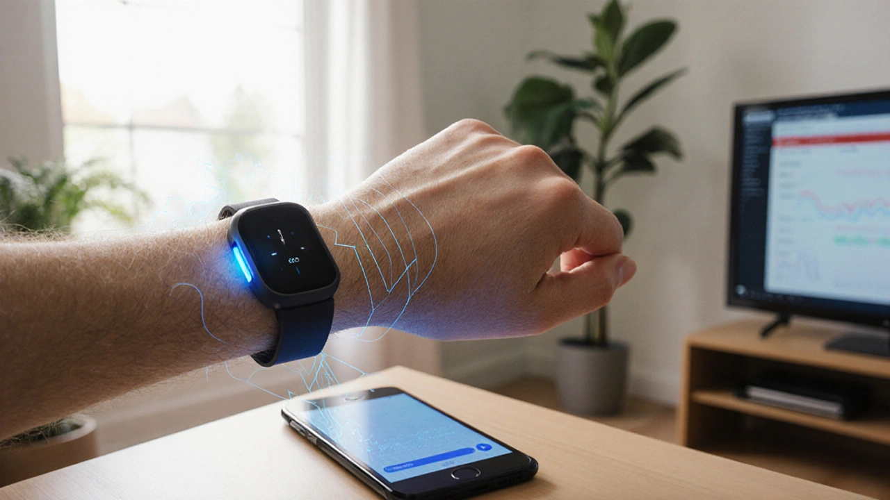 Personne portant un détecteur portable qui transmet des données à un smartphone, entourée d’un décor domestique moderne.