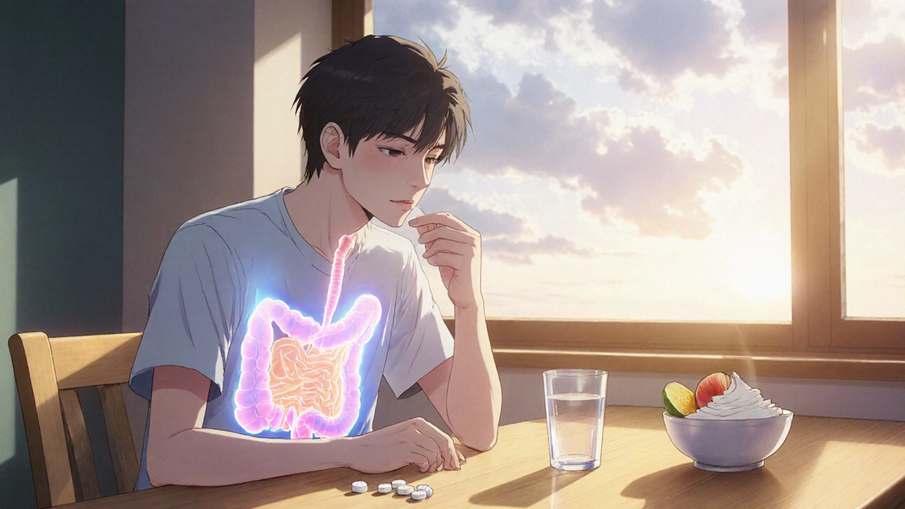 Personne prenant un antibiotique à jeun avec une représentation artistique de l&#039;estomac et des aliments de récupération.