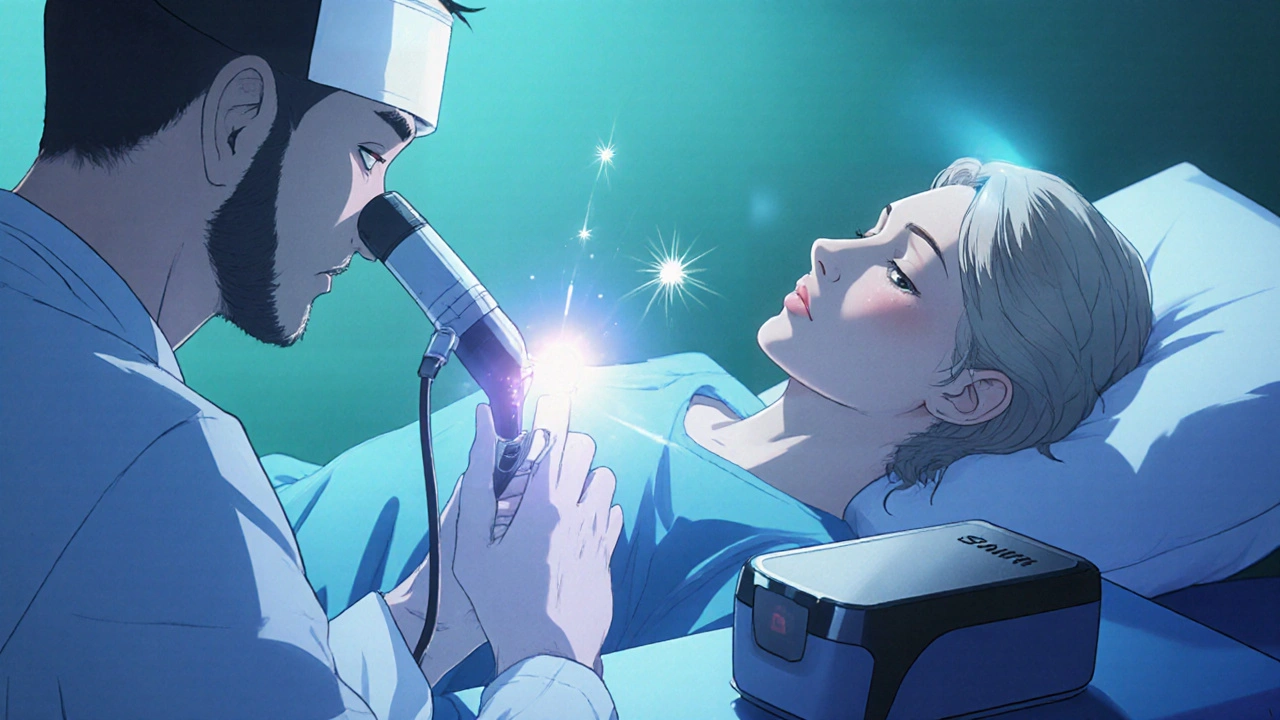 Scène d’interventions avancées : bloc nerveux échographique, stimulation médullaire, patient confiant.