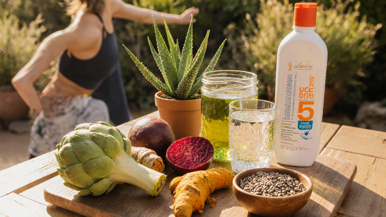 Scène de patio avec aliments bons pour le foie, eau, crème solaire et exercice.