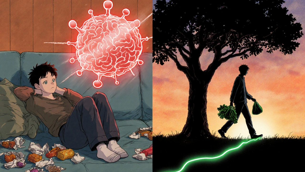 Scène divisée : personne fatiguée sur un canapé vs. même personne marchant avec des légumes, symbolisant le changement.