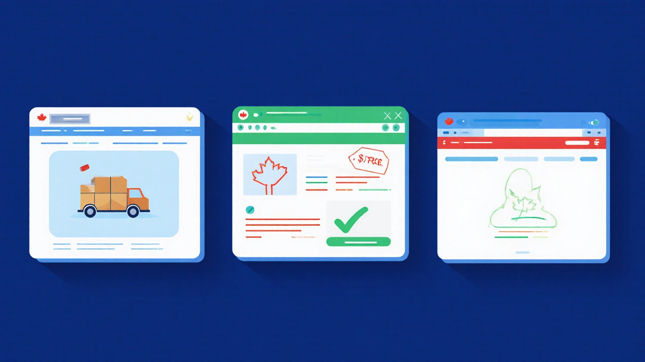 Trois fenêtres de site web stylisées montrant boîtes d&#039;expédition, prix et coche verte.