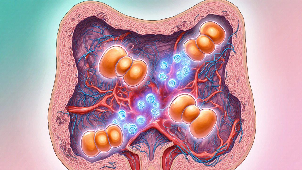 Vue stylisée montrant Avanafil bloquant la PDE5 et dilatant les vaisseaux sanguins du pénis.