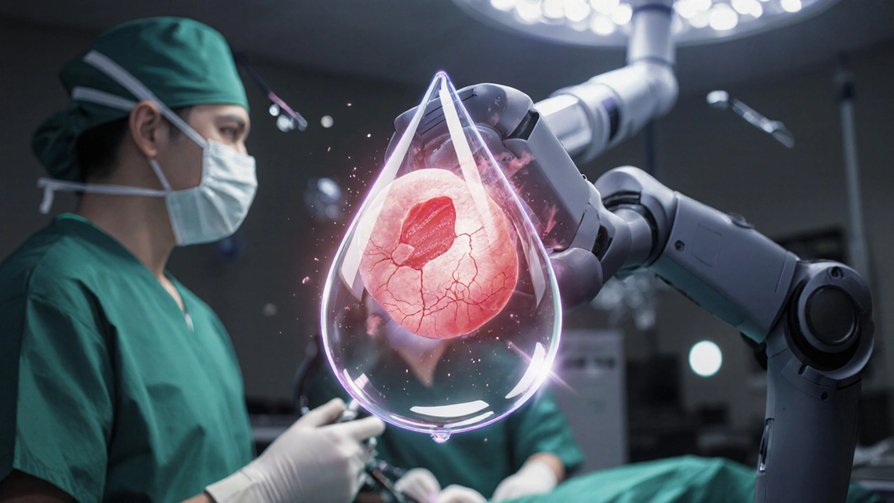 Chirurgie laparoscopique d&#039;une tumeur surrénale en cours, lumières vives et outils médicaux flous.