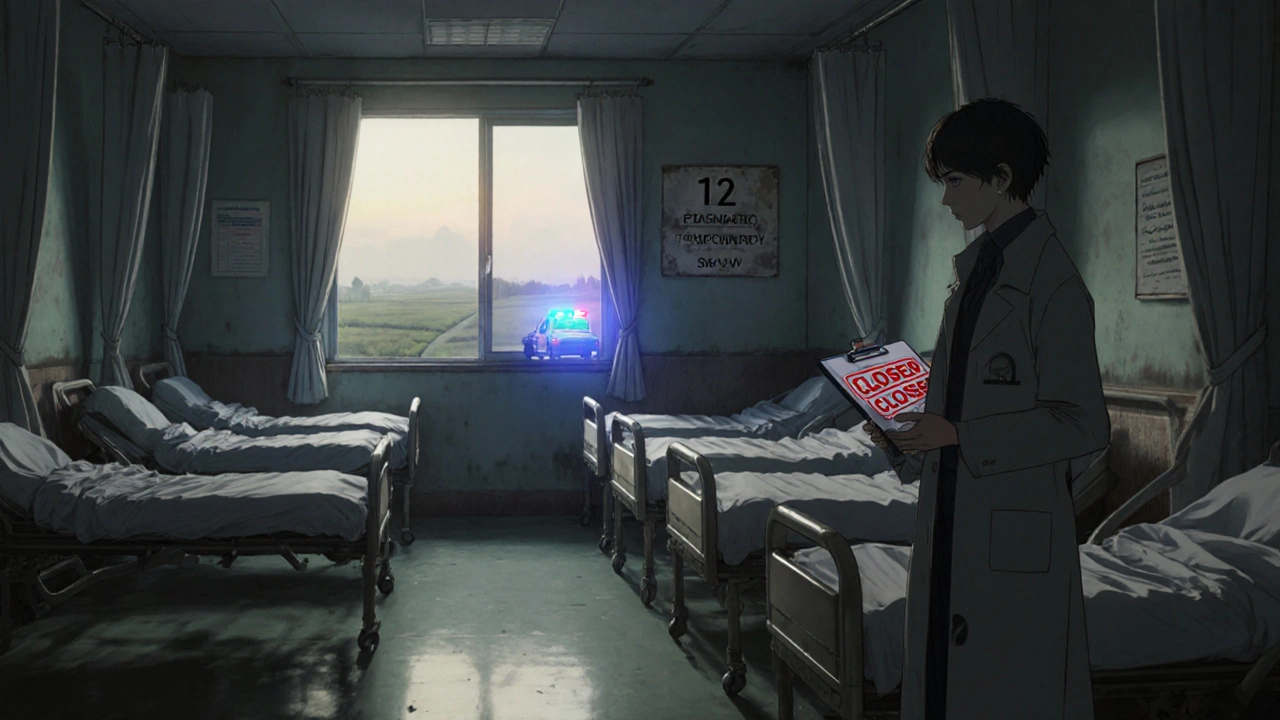 Couloir d&#039;hôpital rural vide avec des lits fermés et une ambulance au loin sous la brume.