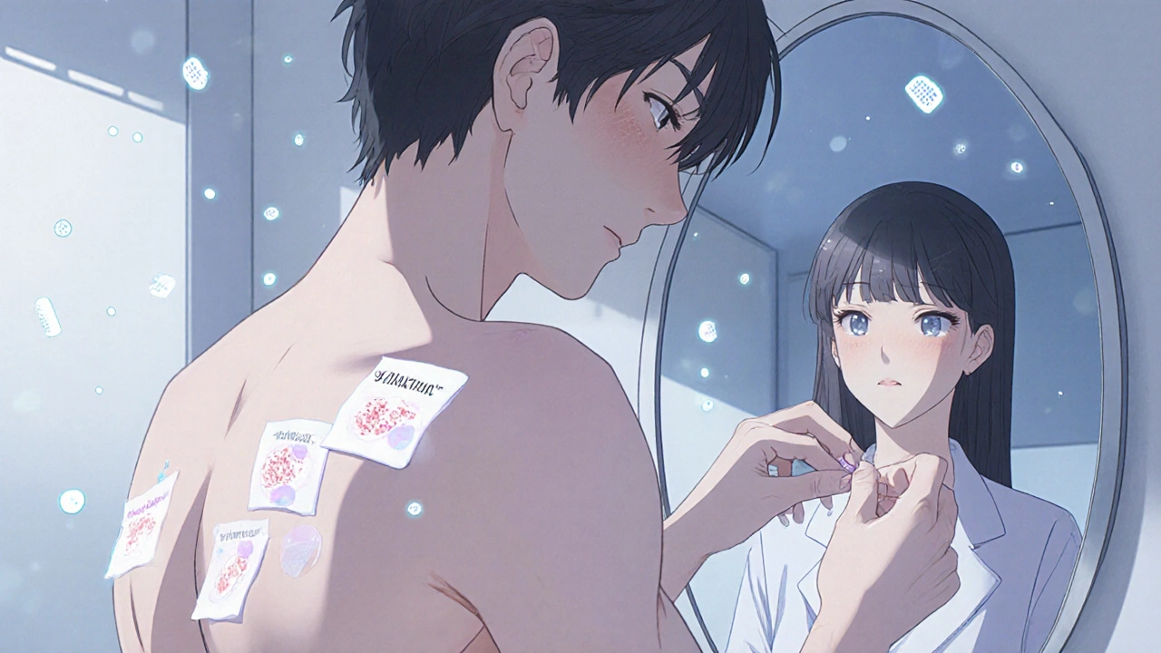 Dermatologue appliquant des patchs d&#039;allergènes sur le dos d&#039;une patiente, reflet de paupières enflées dans un miroir.