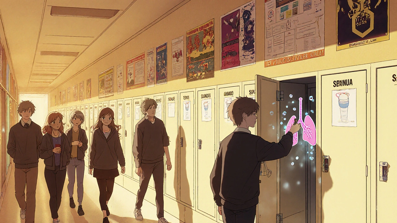 Des espacers stockés dans des casiers scolaires discrètement étiquetés, dans un couloir d’école ensoleillé.