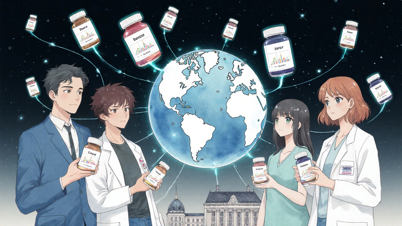 Des patients de différents pays tiennent des flacons identiques avec des prix très différents, illustrant les inégalités mondiales.