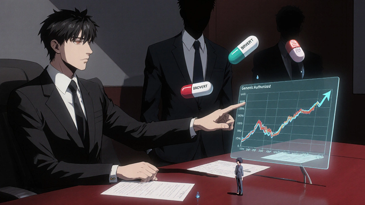 Dirigeant d’entreprise pointant un graphique de baisse des prix après le lancement d’un générique autorisé, tandis que des concurrents disparaissent.