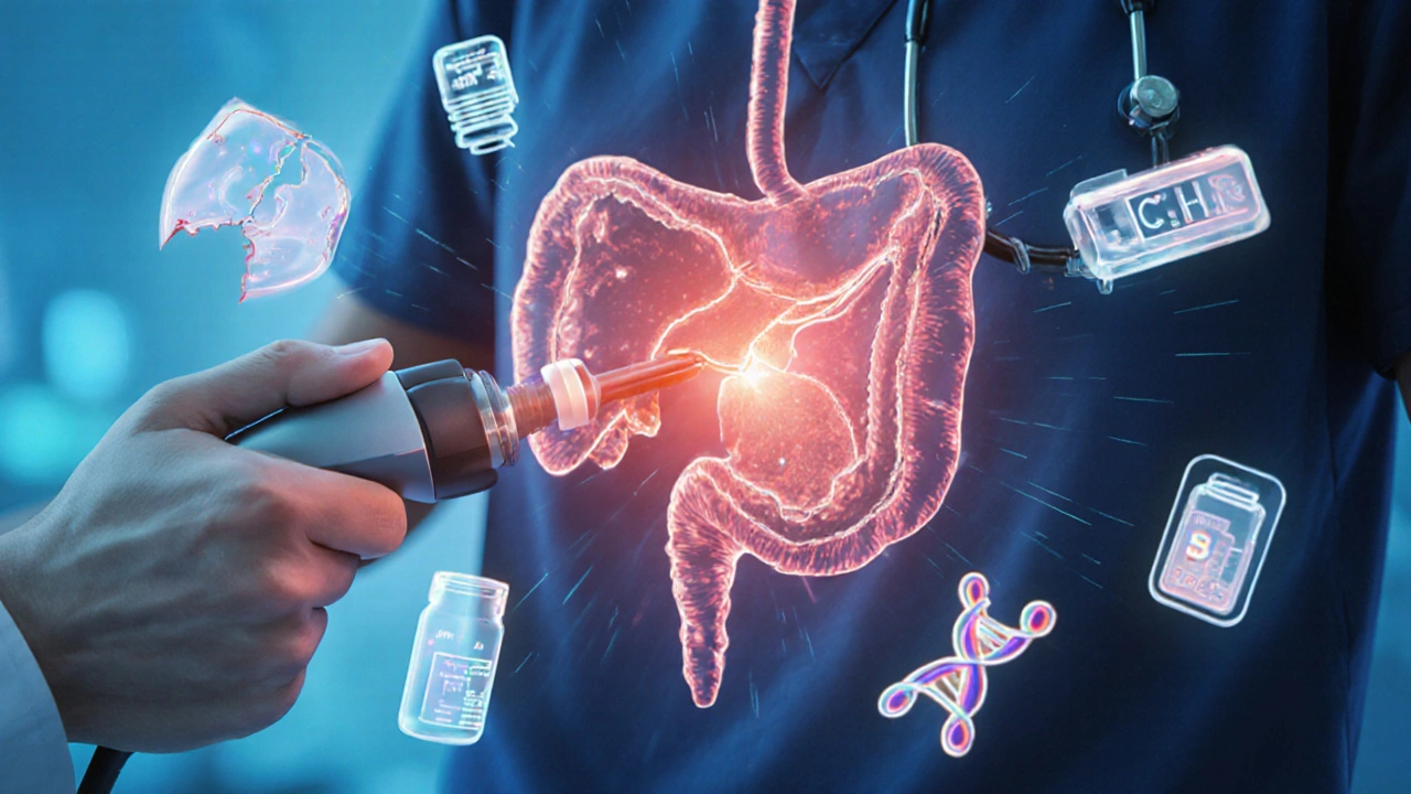 Échographie endoscopique holographique révélant une petite tumeur pancréatique avec des marqueurs médicaux environnants.