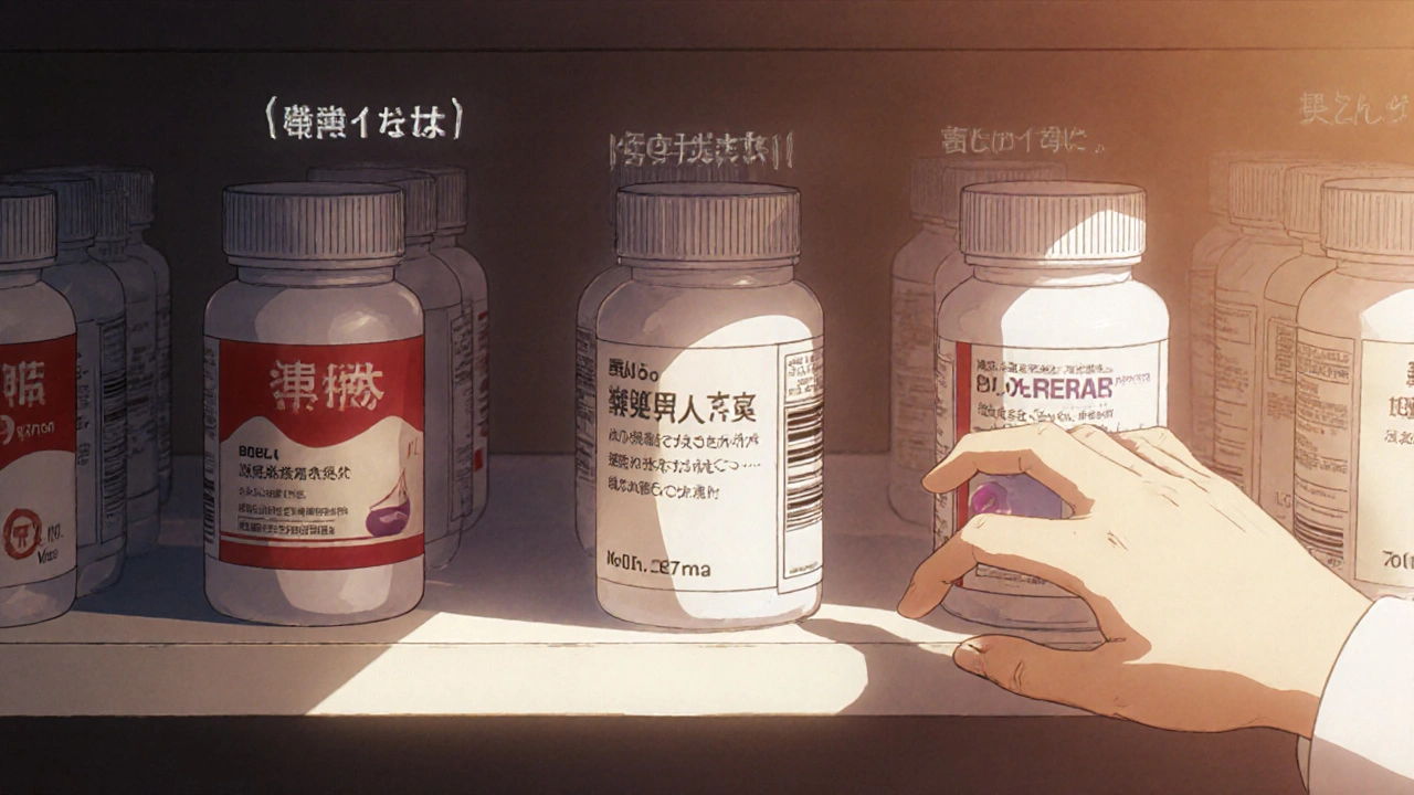 Étagère de pharmacie avec trois bouteilles de pilules identiques, un patient choisit la version générique sans savoir qu&#039;elle est de la même marque.