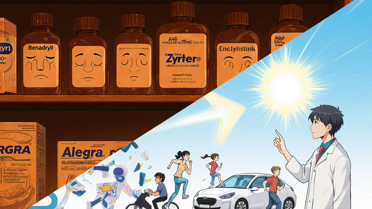 Étagère de pharmacie divisée entre les antihistaminiques anciens somnolents et les modernes énergisants.