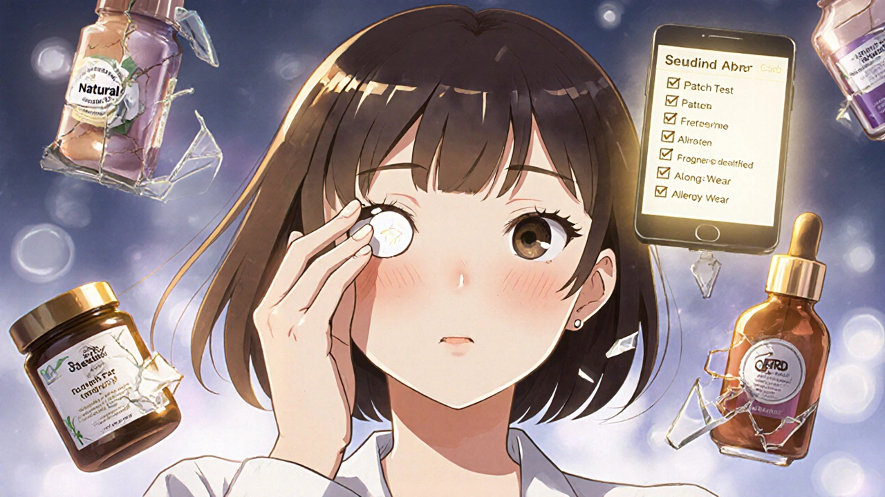 Femme appliquant de la vaseline pure sur ses paupières, des produits cosmétiques brisés révélant des allergènes cachés.