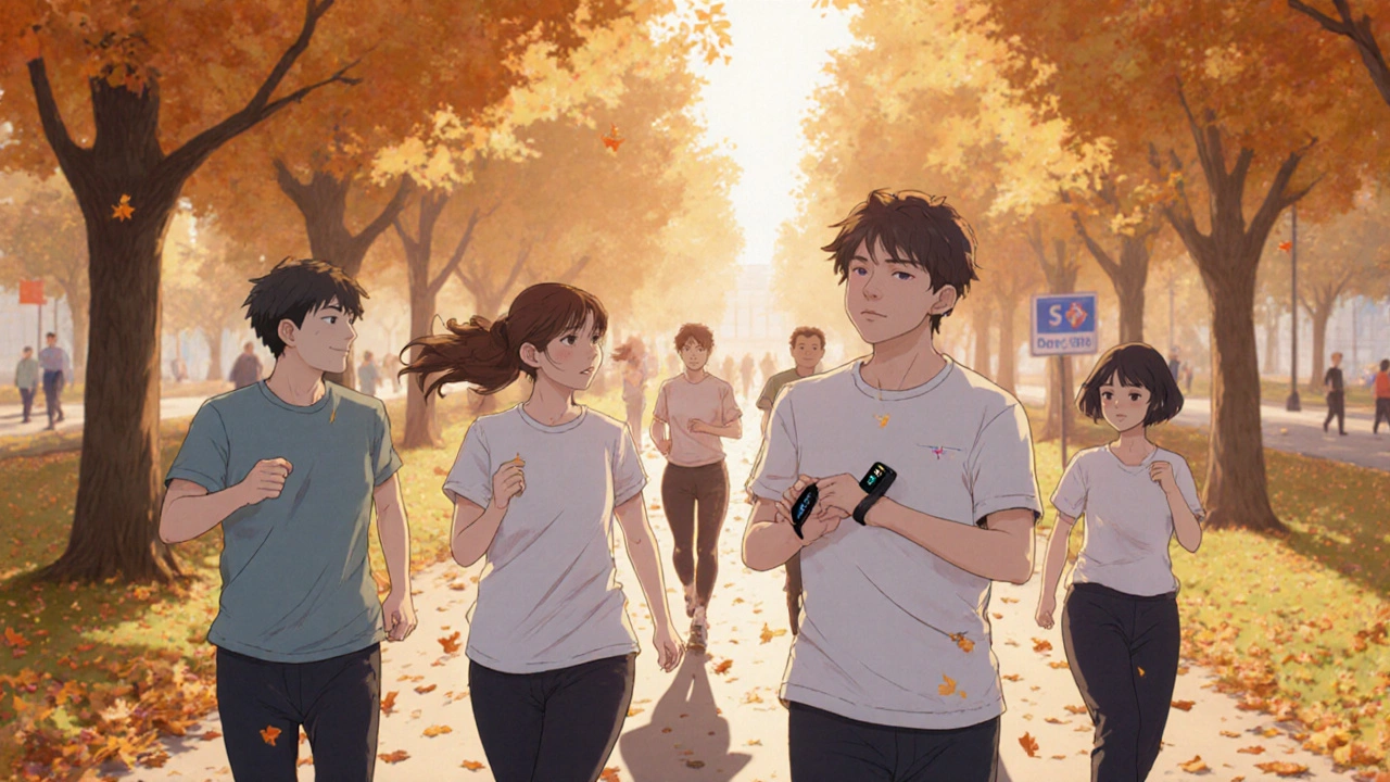 Groupe de patients marchant dans un parc, portant des moniteurs cardiaques sous un ciel automnal.